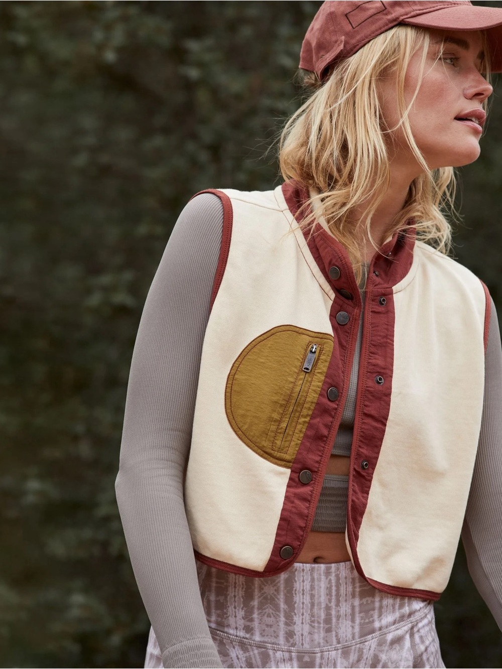 Nwot FP movement Brooke Cropped Cream & Rust Utility Vest with Mustard Pocket